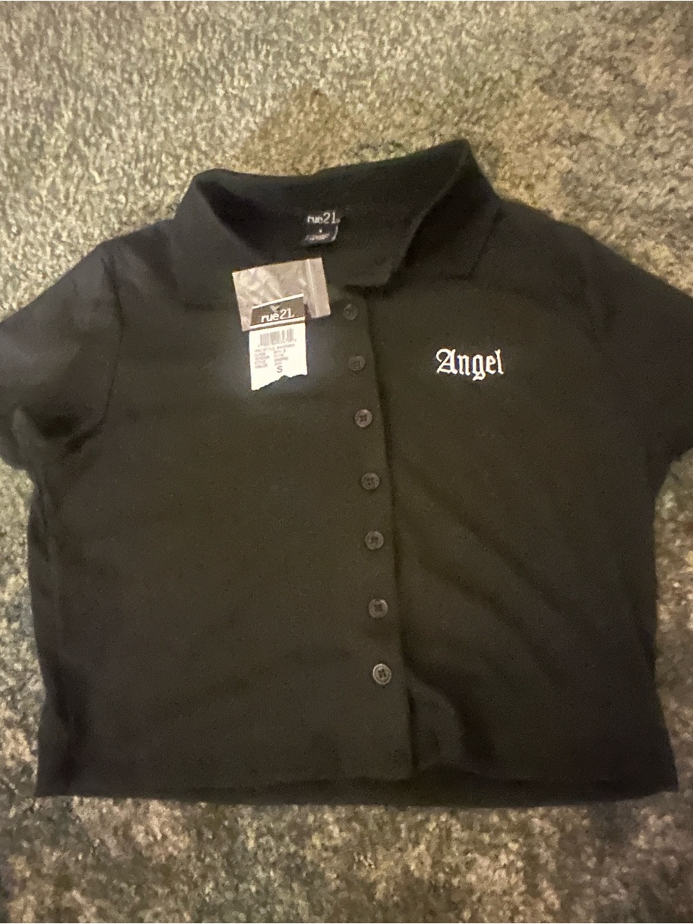 Rue21 Black Crop Polo Top with White "Angel" Embroidery